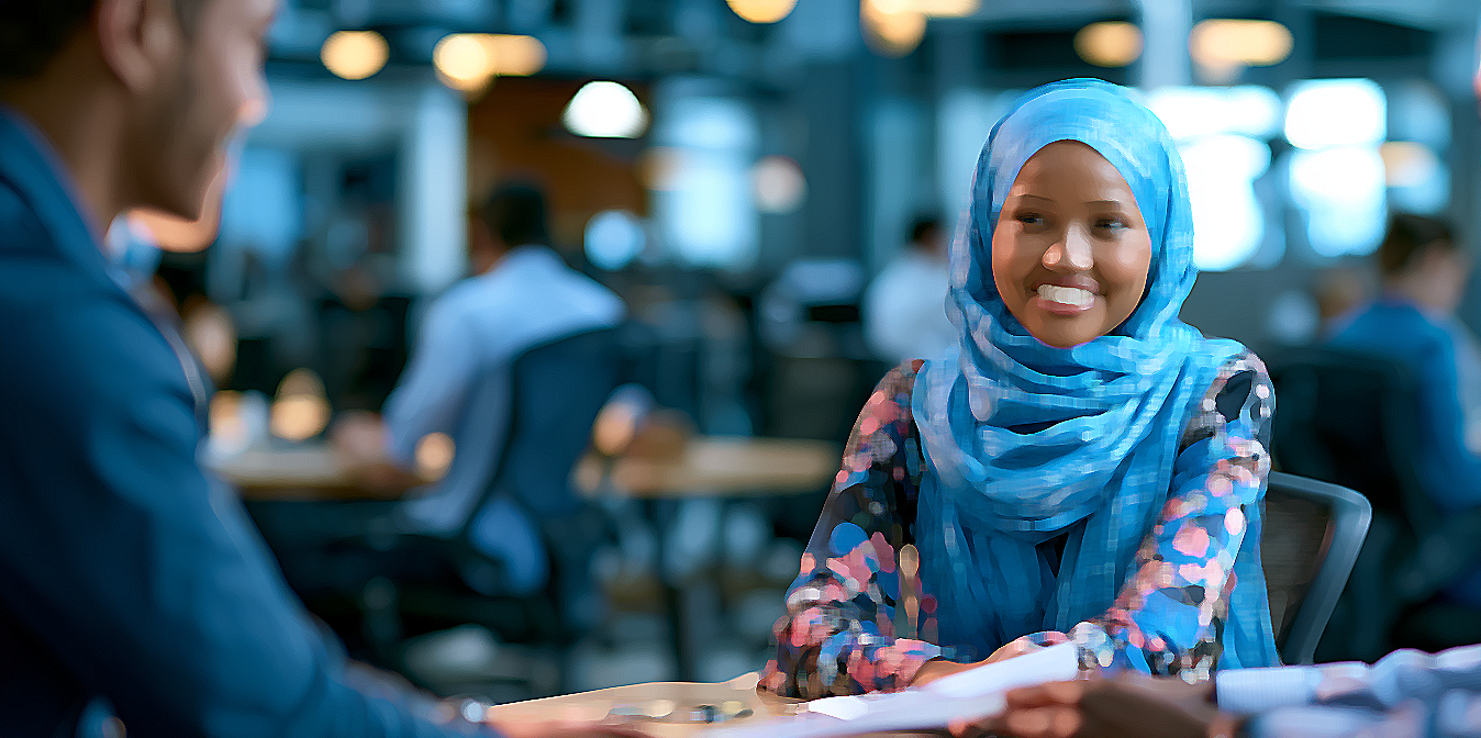 A woman in a blue hijab speaking with a community member