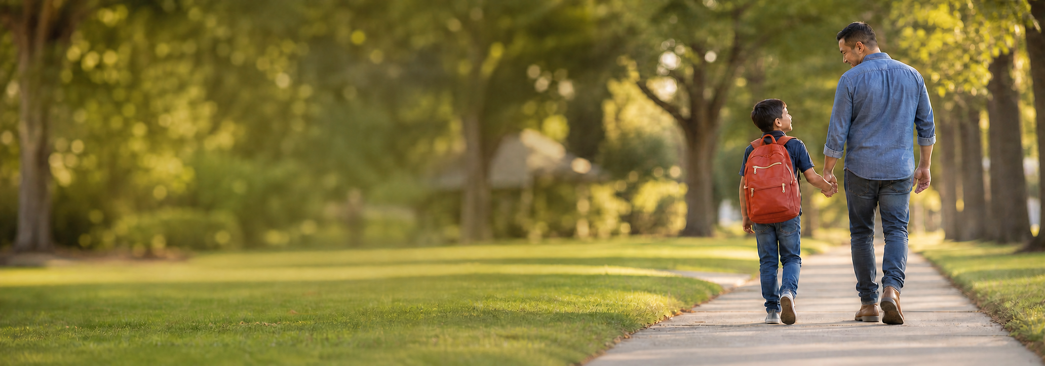 A father and child carrying a backpack through a park