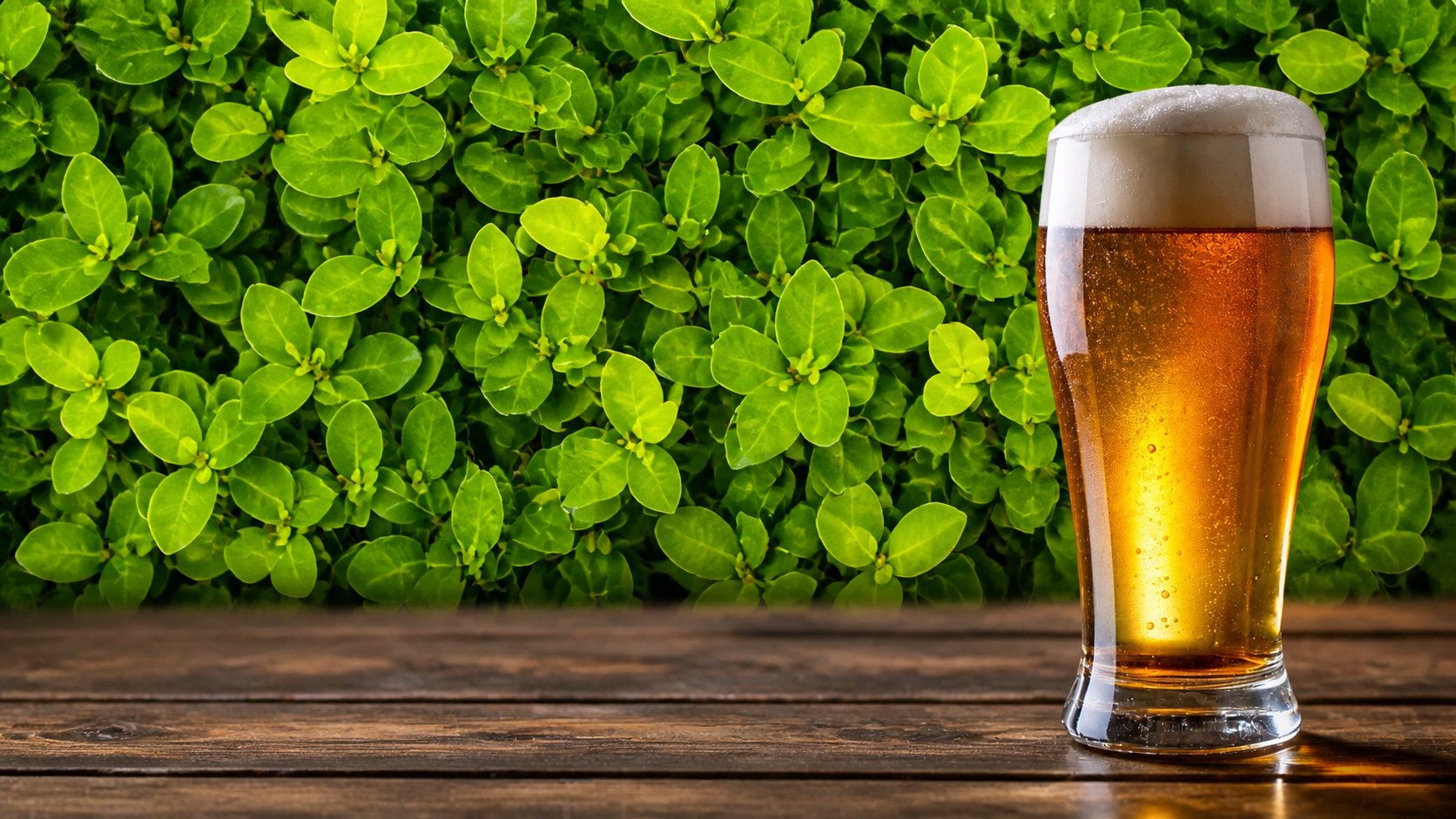 A pint of amber beer beside a green leafy hedge