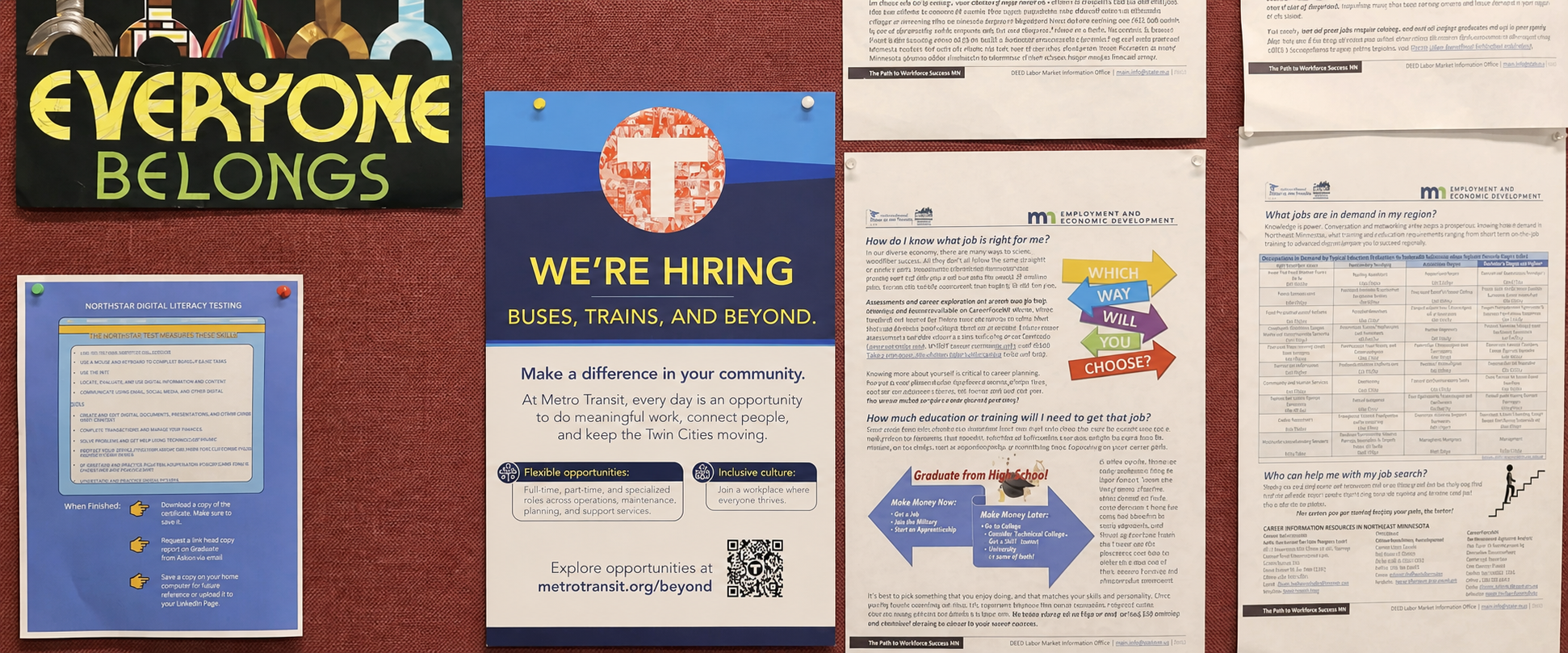 Career hiring and job-planning resources displayed on a community bulletin board