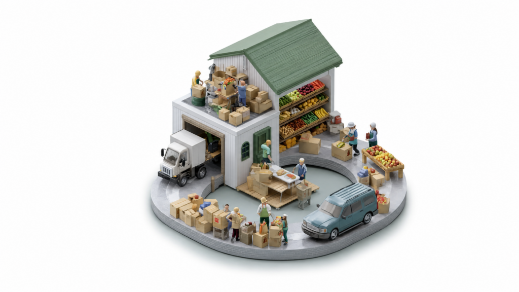 Illustrated food distribution center with volunteers, groceries, boxes, a delivery truck, and a community vehicle