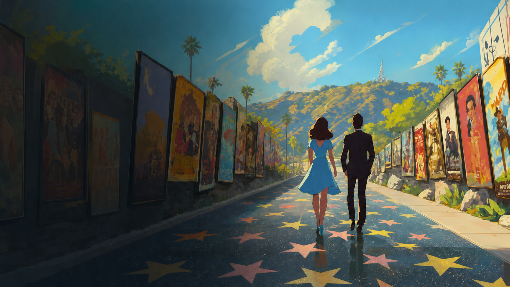 An illustrated couple walking along a star-lined Hollywood boulevard