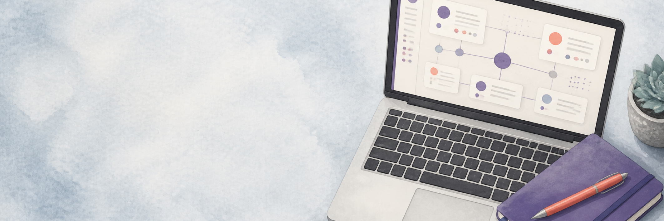 Watercolor illustration of a laptop with a professional networking interface, notebook, and pen