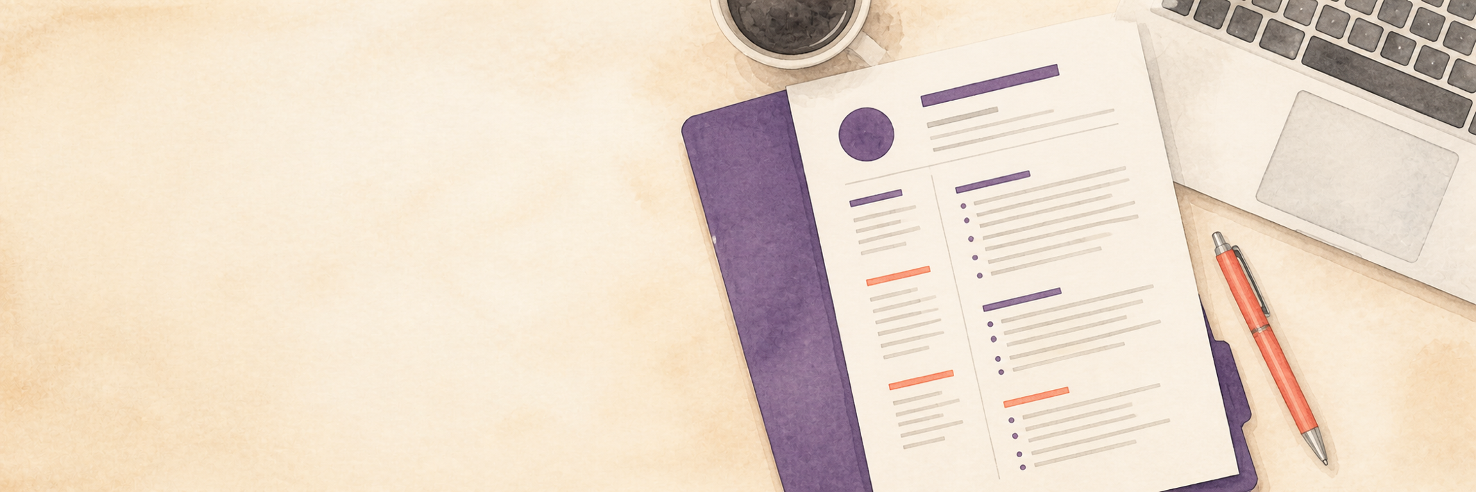 Watercolor illustration of a resume, portfolio, pen, and laptop